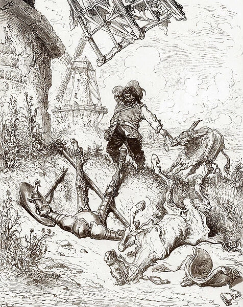Representation of Don Quixote and the windmills Engraving by Gustave Dore (1832-1883) for 'L'Ingenieux Hidalgo Don Quixote de la Manche (Quixote - Quijote)' by Miguel de Cervantes (1547-1616) 1863 Private collection