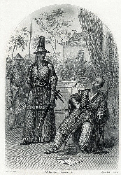 Representation of a Japanese minister making harakiri (hara kiri or hara-kiri or seppuku) ritual form of male suicide by eventration. 19th century (engraving from 'Histoire des jesuites' by Boucher)