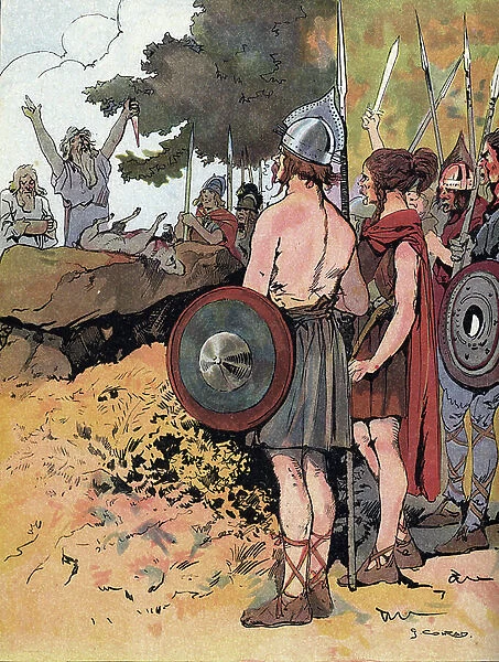 Representation of Vercingetorix (ca. 80-c. 46 BC) warrior and Gallic leader of the Arvernes tribe assistant before his departure for the Gaul War a sacrifice (Portrait of Vercingetorix (82 BC-46 BC) chieftain of the Arverni tribe