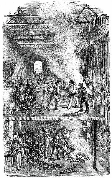 Retort House, Great Central Gas Works, Bow Common, London. It was here that Croll introduced the burning of incandescent coke as fuel immediately it had be taken from retorts. 10% saving. Wood engraving, 1866