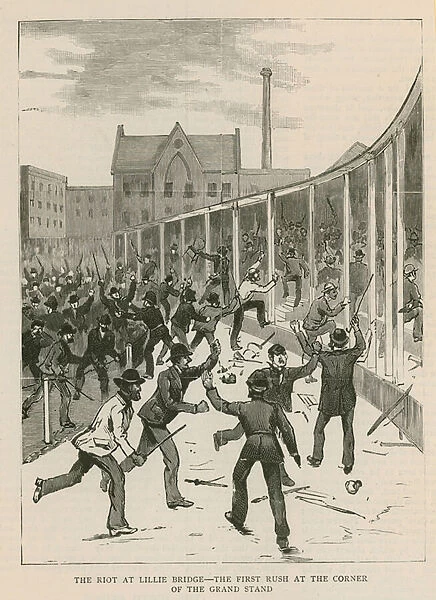 The riot at Lillie Bridge, London: The first rush at the corner of the Grand Stand (engraving)
