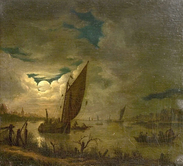 River Scene with Boats and Figures (oil on wood)