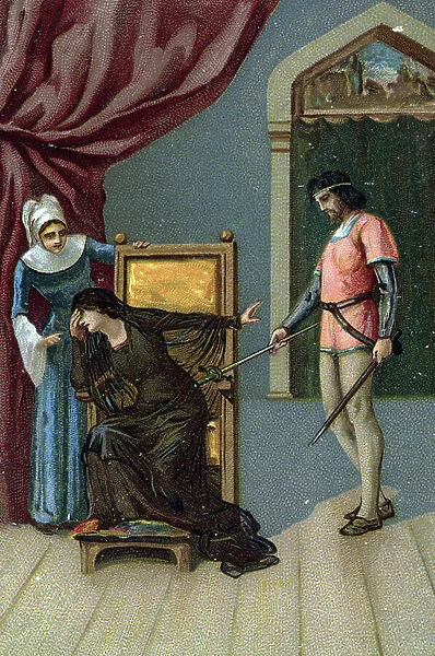 Rodrigue offers his own life to Chimene, he hands her the sword with which he killed her father, illustration of 4th scene of 3rd act of French play 'Pierre Le cid' by Crow. Late 19th century (chromolithograph)