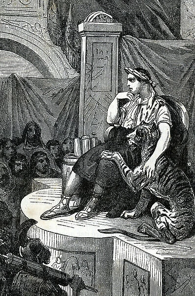 Roman antiquite: representation of Neron (37-68 AD) with a tigress as a domestic animal (Ancient rome: emperor Nero with his tiger) Engraving from 'Fantastic Animals' by Fournier 1884