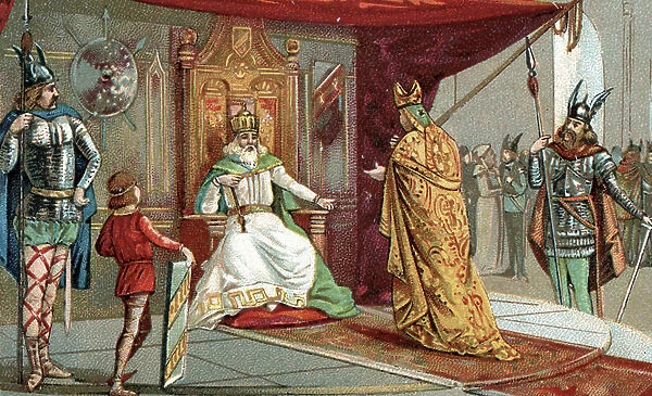 Roman emperor Charles the great at his court. Late 19th century (chromolithograph)