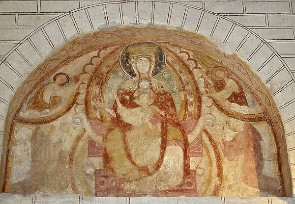Romanesque art: fresco of the porch of the abbey of Saint Savin on Gartempe. Virgin and Child. Above the entrance door before the nave. Saint Savin sur Gartempe (Saint-Savin-sur-Gartempe), Vienne, Poitou-Charentes (Poitou Charentes), France