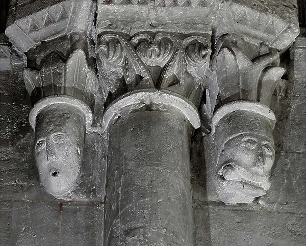 Romanesque art: View of capitals of the church Saint Genitour in Le Blanc, Indre, Centre, France Photography