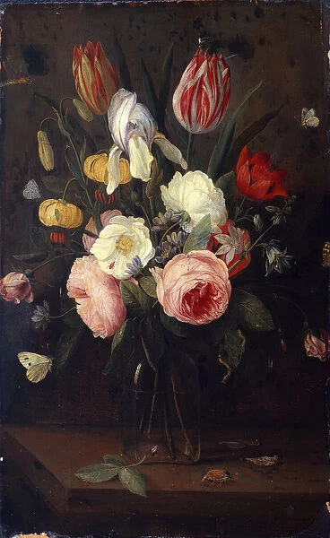 Roses, Tulips and other Flowers in a Glass Vase, with Insects, on a Table (oil on panel)