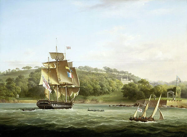 A royal frigate and other ships in Barn Bay off Plymouth, England, in front of Mount Edgcumbe. Oil on canvas, c. 1830--55, by Thomas Lyde Hornbrook (1808-1855)