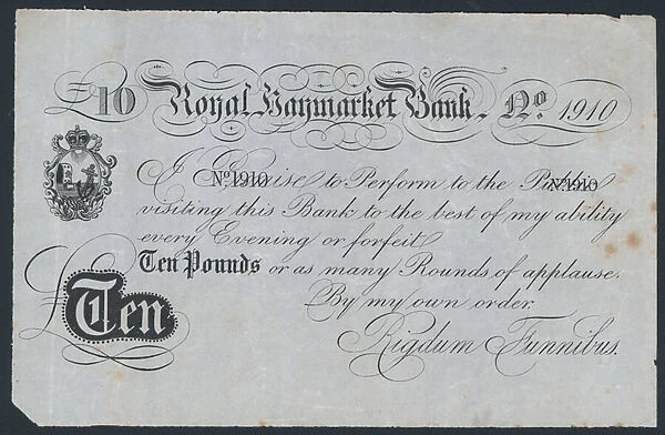 Royal Haymarket Bank, joke theatrical bank note (engraving)