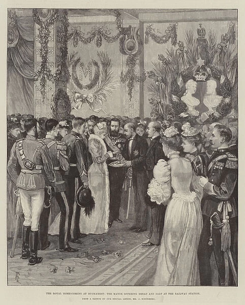 The Royal Home-Coming at Bucharest, the Mayor offering Bread and Salt at the Railway Station (engraving)