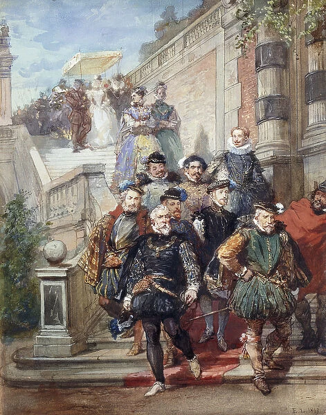 A Royal Procession descending a Stairway in a Garden, 1869 (black chalk, pen and grey ink