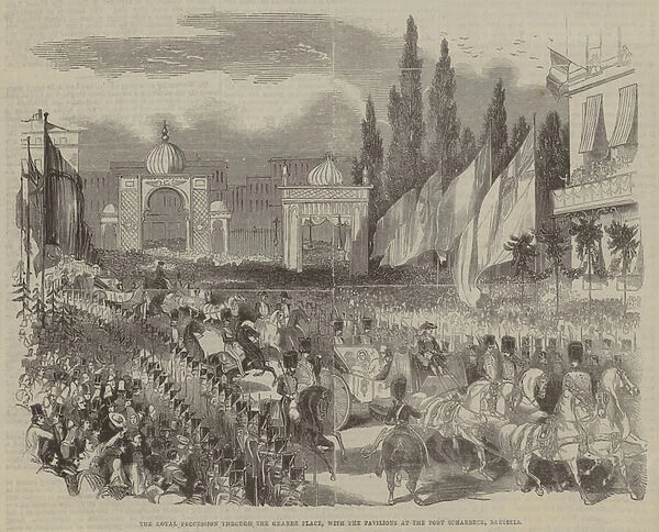 The Royal Procession through the Grande Place, with the Pavilions at the Port Scharbeck, Brussels (engraving)