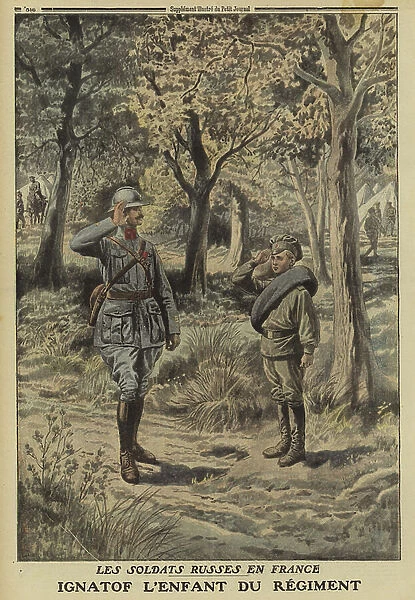 Russian boy soldier in France, exchanging salutes with a French soldier, World War I, 1916 (colour litho)