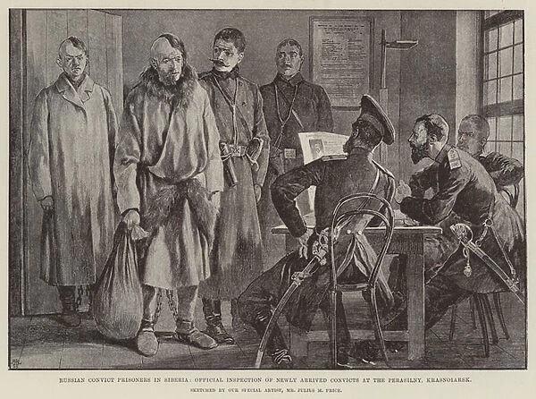 Russian Convict Prisoners in Siberia, Official Inspection of Newly Arrived Convicts at the Perasilny, Krasnoiarsk (litho)
