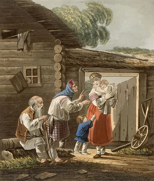 A Russian Peasant Family, 1823 (coloured engraving)