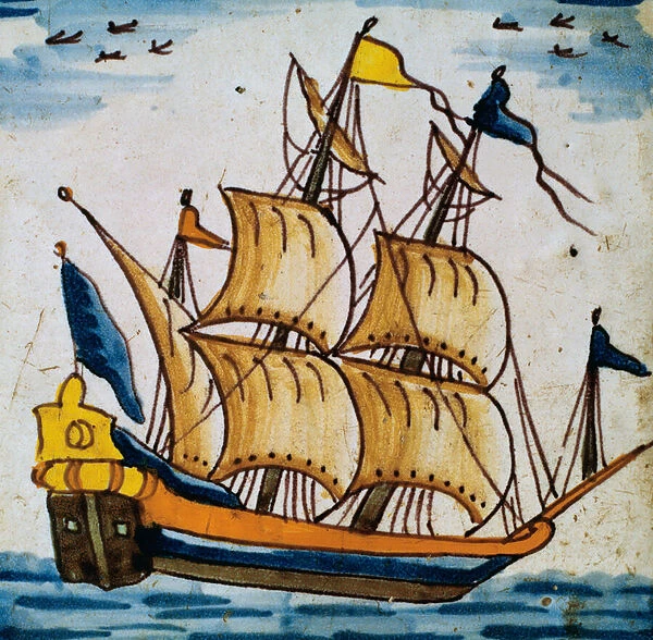 Saiboat of three masts (polychrome catalan ceramic)