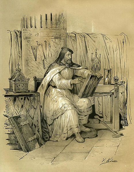 Saint Eloi (v.588-660) goldsmithing and tresorier of the king of the Franks Dagobert 1st, then eveque of Noyon from 641 to his death. Engraving by Victor Adam (1801-1866)