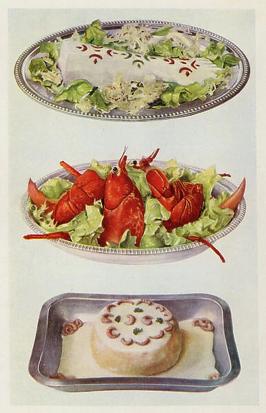 Salmon Mayonnaise; Lobster Salad; Fish Souffle (colour litho)