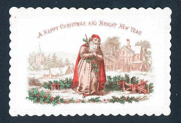 Santa in snowy field, Christmas Card (chromolitho)