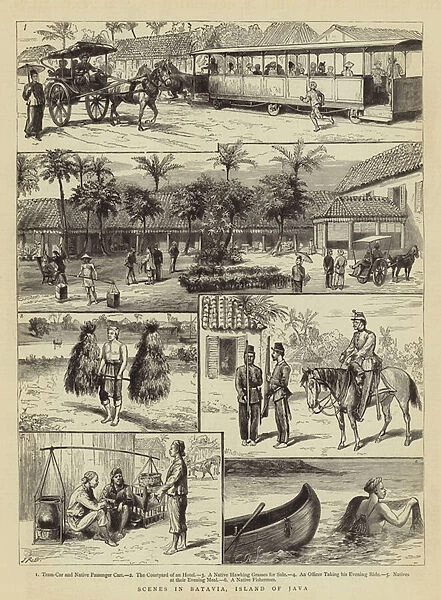 Scenes in Batavia, Island of Java (engraving)