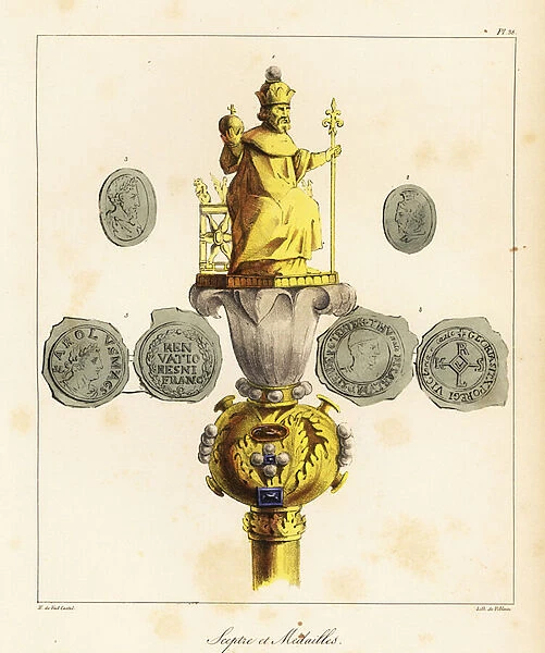 Sceptre and coins of Emperor Charlemagne, 748-814