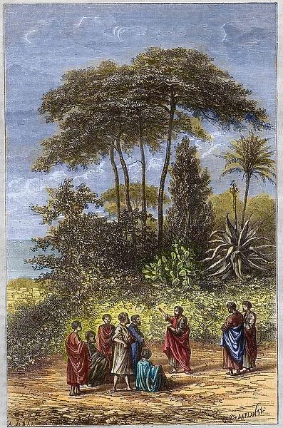 The School of Pythagoras - Pythagoras among his pupils in Crotona - engraving 1879 - The