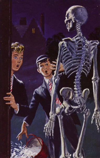 Two schoolboys and a cleaned skeleton (colour litho)