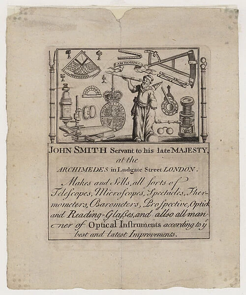 Scientific Instrument Maker, John Smith, trade card (engraving)