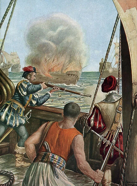 Second expedition to India (1502-1503) ' Naval battle between the Portuguese fleet of Vasco de Gama and that of Calicut, the Portuguese fire the Muslim ship Miri charge pelerins returning from Mecca
