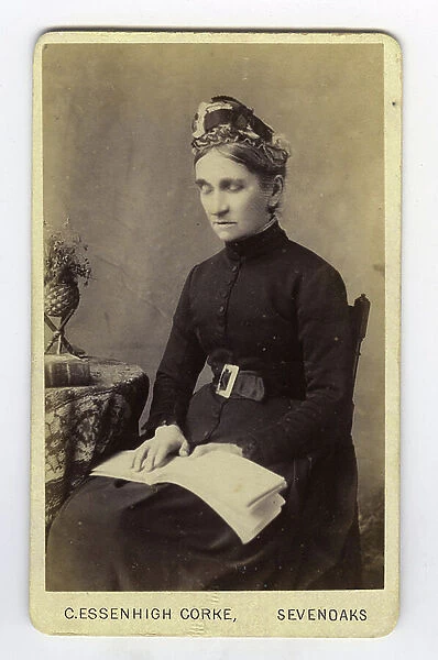 Sevenoaks, Great Britain, A blind young woman reads a book in Braille, 1865, Louis Braille