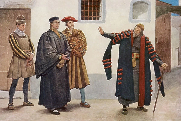Shakespeare's The Merchant of Venice: Shylock, Antonio, Salarino and Gaoler (colour litho)