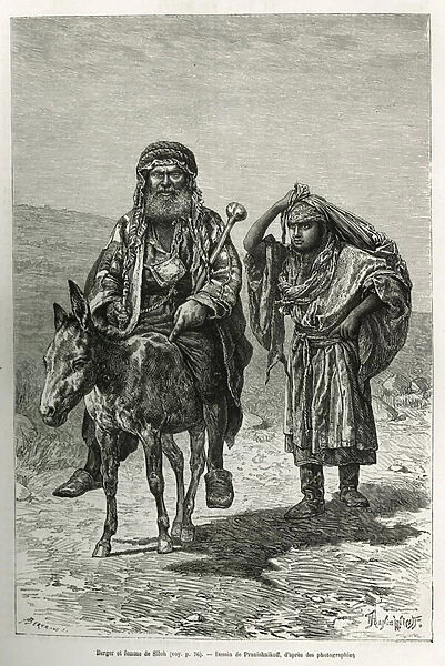 Shepherd and wife of Siloh. Engraving by Y. Pranishnikoff, to illustrate the story La Syria d aujourd hui, by M. Lortet, dean of the Faculty of Medicine of Lyon, charged with a scientific mission by the Ministry of Public Education