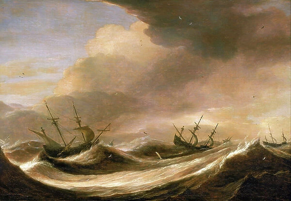 Ships on the high seas fleeing the storm, reduced sails, shaken by the strong waves. Oil on wood, around 1640, by Pieter Mulier (1615-1670)