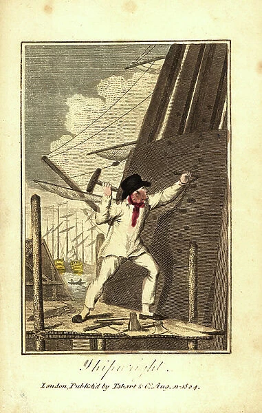 Shipwright or ship's carpenter standing on a scaffold and driving wedges into the stern of a ship with a wooden trunnel. At his feet, his auger, axe and punch