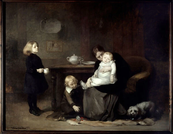 The sick child A widow mother kissing her sick baby. Painting by Eugene Carriere