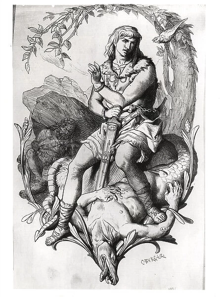 Siegfried and the Dragon with the Magic Bird (engraving) (b  /  w photo)