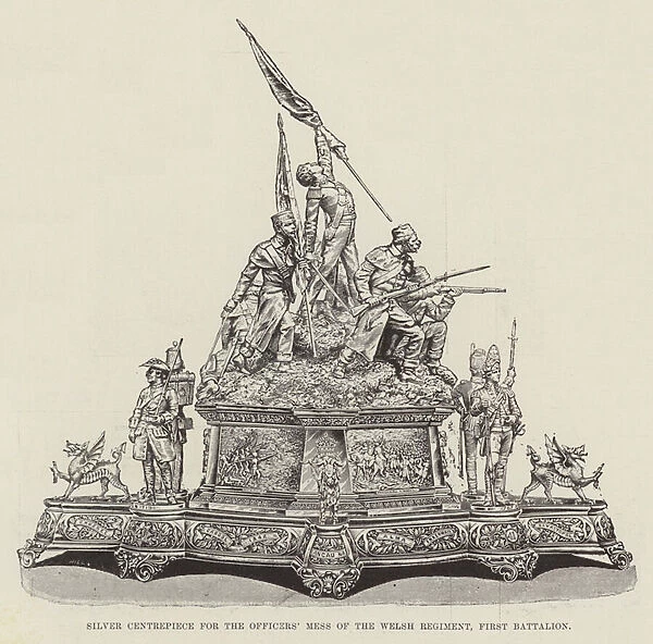 Silver Centrepiece for the Officers Mess of the Welsh Regiment, First Battalion (engraving)