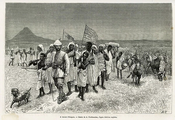 Sir Henri Morton Stanley (1841-1904) at the head of his expedition through the Ounyoro (riverine of Lake Albert) (Congo), drawing by A. Ferdinandus, to illustrate the story 'Through the Mysterious Continent'