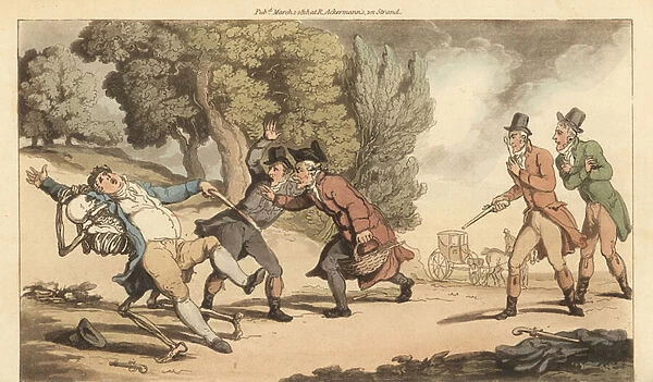 The skeleton of Death carries off a wounded man before the doctor can wait him after a fatal duel with pistols in a park. Handcoloured copperplate drawn and engraved by Thomas Rowlandson from The English Dance of Death, Ackermann, London, 1816