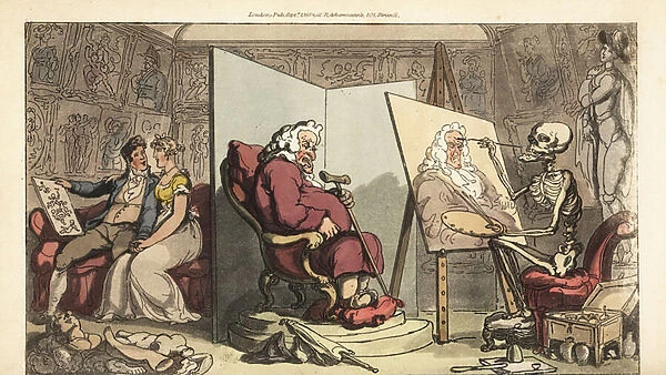 The skeleton of Death paints a portrait of an Alderman, while his young servant girl flirts with a gallant artist behind the screen. Handcoloured copperplate drawn and engraved by Thomas Rowlandson from The English Dance of Death, Ackermann, London