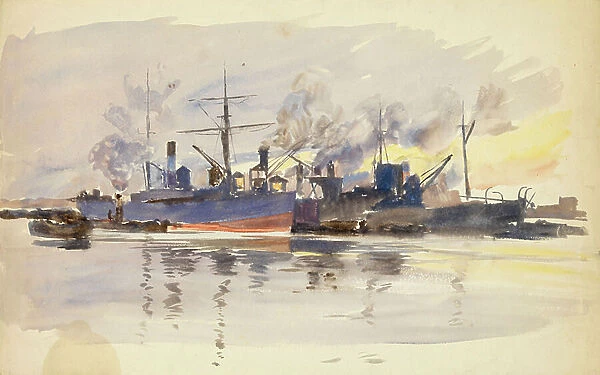 Sketch of merchant ships in port, late 19th to early 20th century (watercolour)
