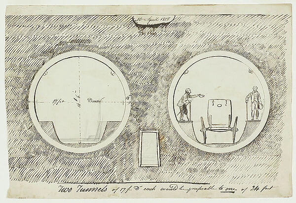 Sketch-plan showing two sections of the proposed cylindrical tunnel, 1818 (pen-and-ink sketch on wove paper)