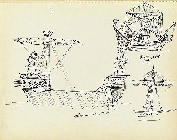 Sketch of a Roman warship, part of a Roman merchant ship and a vessel with sail set, early 20th century (pen, black ink)