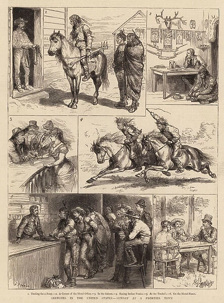 Sketches in the United States, Sunday at a Frontier Town (engraving)