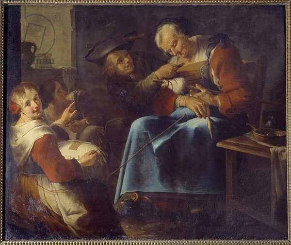 A sleeping old filmmaker surrounded by children Painting from the Italian School
