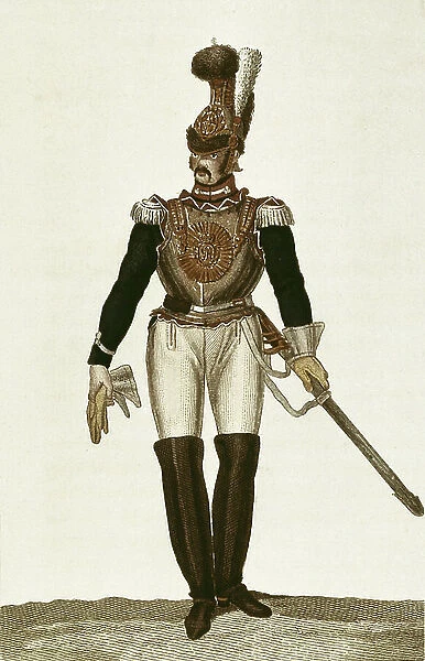 DE SOTTO, Serafin Maria, Earl of Clonard (1793 - 1862). Memoirs for the history of the troops of the Royal House of Spain. 1828. Cuirassier Regiment. Guard Cavalry (1815). Etching. SPAIN. MADRID (AUTONOMOUS COMMUNITY). Madrid. National Library