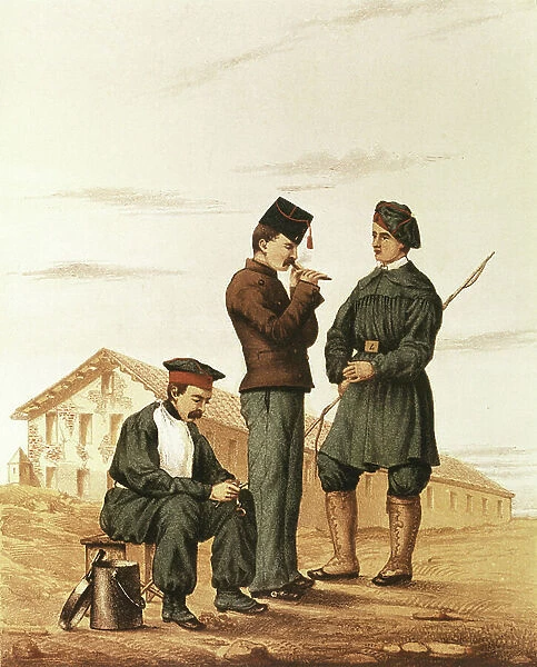 Spain (1853). Infantry soldiers and mess assistent. Litography. FRANCE. ILE-DE-FRANCE. Paris. National Library