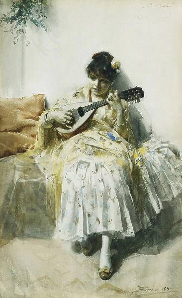 A Spanish Girl Playing a Mandolin, 1884 (watercolour)