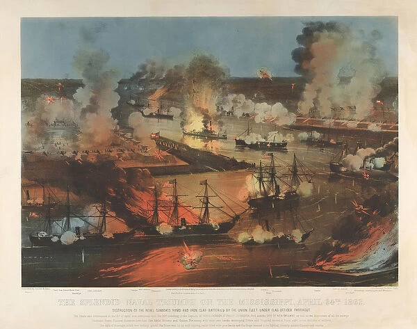 The Splendid Naval Triumph on the Mississippi, April 24th, 1862 (colour lithograph)
